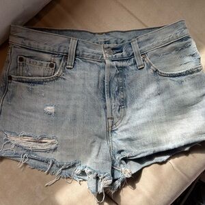 Levi's Blue Distressed Jean Shorts with Raw Hem Light Wash